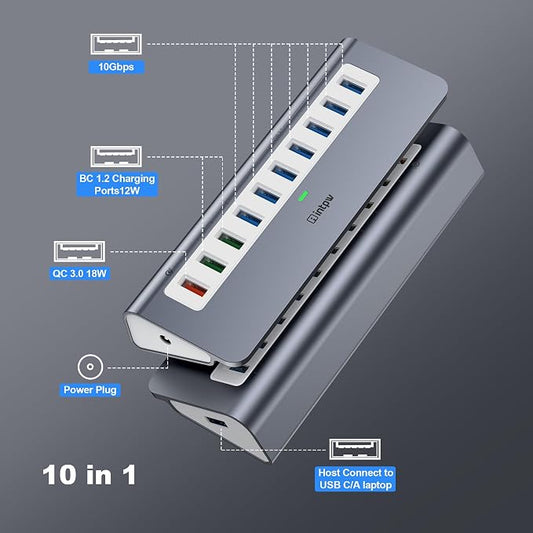 Powered USB Hub 10Gbps, 10 Port USB 3.2 Gen 2 Hub with 7 USB 3.2 Data Ports, 3 Fast Charging Ports, 36W Power Adapter, Type A and Type C Cable, Aluminum USB Hub for Laptop, Mac, PC