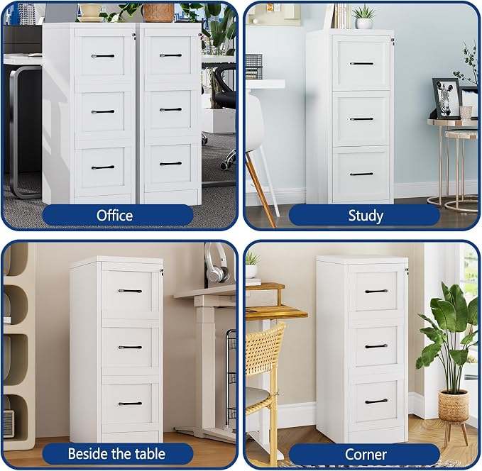 Ckzbx 3 Drawer File Cabinet with Lock, Narrow Vertical Filing Cabinet, Under Desk File Cabinets,White Metal File Cabinets for Home Office,Fit Letter/A4/Legal Size File
