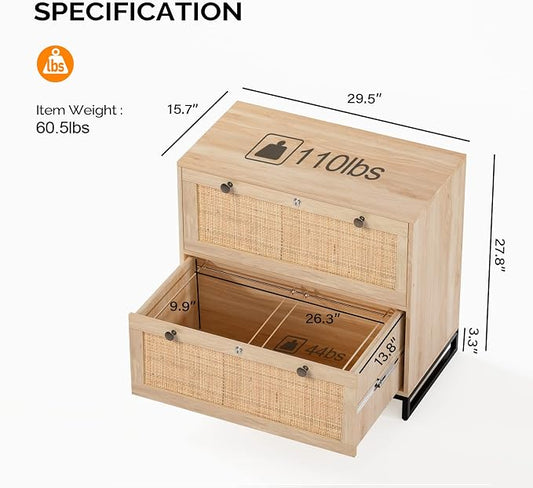 VINGLI Wood Rattan 2 Drawer Lateral File Cabinet with Lock for Home Office, Lockable Filing Cabinet with Rustic Metal Handles for Hanging Letter/A4/Legal Size Labeled Folders, Oak, 30W x 16D x 28H