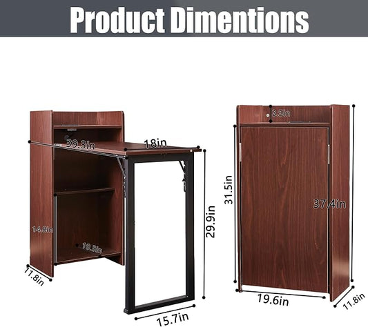 Foldable Desk,Hidden Desk with Storage and Built-in Socket,Mid Century Fold Out Table for Small Spaces,Home Office and Bedroom (Brown)