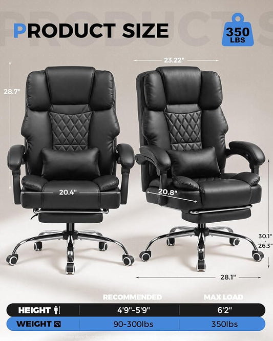 GTPLAYER Executive Office Chair Big and Tall Leather Gaming Chair with Pocket Spring Cushion & Ergonomic Lumbar Support for Lower Back Pain Relief, Comfy Desk Chair with Footrest, Matte-Black