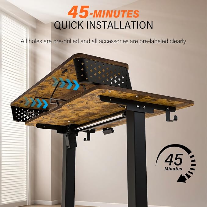 Electric Standing Desk with Two Drawers,48 x 24 Inch Sit Stand Desk Adjustable Height, Stand Up Desk with Storage Shelf, Computer Workstation for Home Office, Rustic Brown