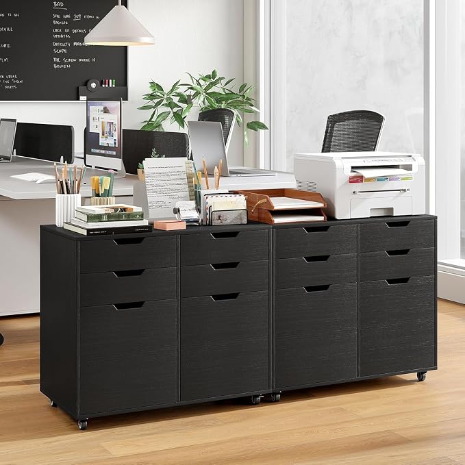 Black File Cabinet with 4 Drawers and 2 Doors, Under Desk Mobile Storage Organizer, Wooden Printer Stand on Wheels, 29" Lateral Filing Cabinet for Home Office Living Room (Black, 4 Drawer & 2 Door)