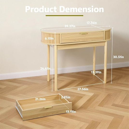 Fluted Small Computer Desk with Drawer, 40 Inch Mid-Century Modern Writing Desk with Solid Wood Legs,Compact Study Table for Small Spaces, Home Office, Bedroom,Natural