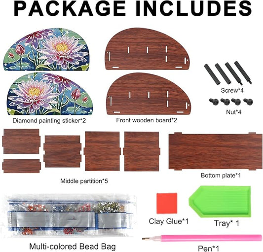 DIY Diamond Painting Storage Box, Pink Lotus Design Handmade 5D Diamond Art Case Multi-Compartment Wooden Desktop Organizer for TV AC Remotes Makeup Brushes Pens Holder Tabletop Craft Storage