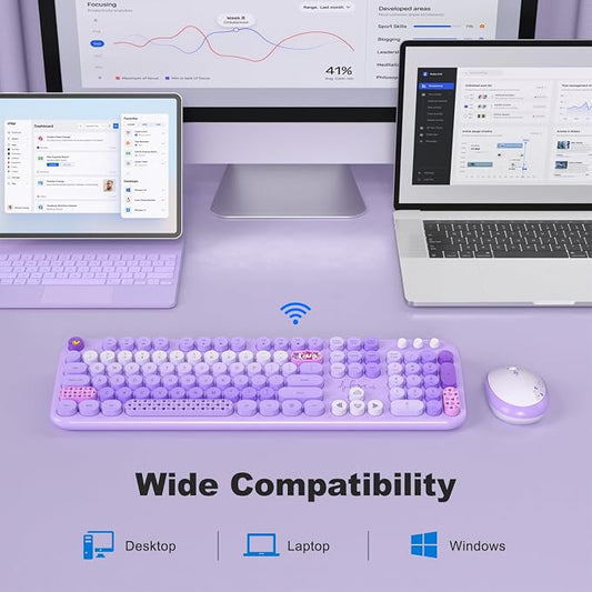 Dilter Wireless Keyboard and Mouse Combo, Full Size Retro Keyboard with Number Pad and 2 in 1 USB Connected Mouse for Windows 7/8/10, Laptop, Desktop, PC, Computer (Purple Colorful)