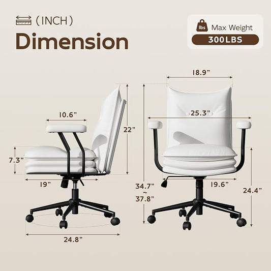 White Leather Office Chair with Triple-Layer Seat, Home Desk Chair | Comfy 7.3-inch Thick Cushion, Mid Back Ergonomic Support for Long Hours, Smooth Silent Wheels, Mid-Century Vintage Style