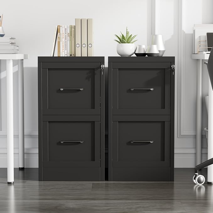 Small Metal 2-Drawer File Cabinet, Under Desk Office Cabinet, Black | Rolling, Locking, Adjustable Hanging Rail, Fit A4, FC, Letter, Hanging File Folders for Home Office Storage Organization, 2PS