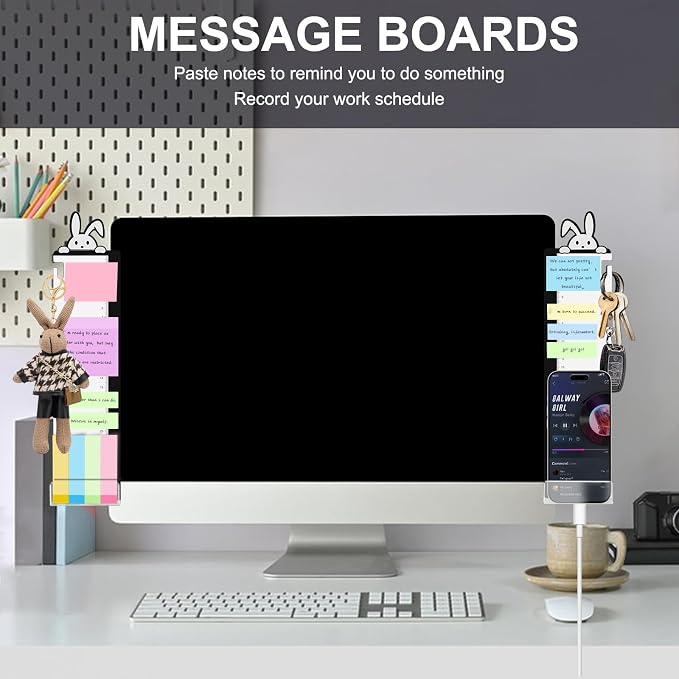 Office Desk Accessories 2pcs Multifunction Computer Monitor Memo Board - Office Supplies for Women Men Computer Sticky Note Holder Home Decor (Rabbit Monitor Memo Board with Clip)