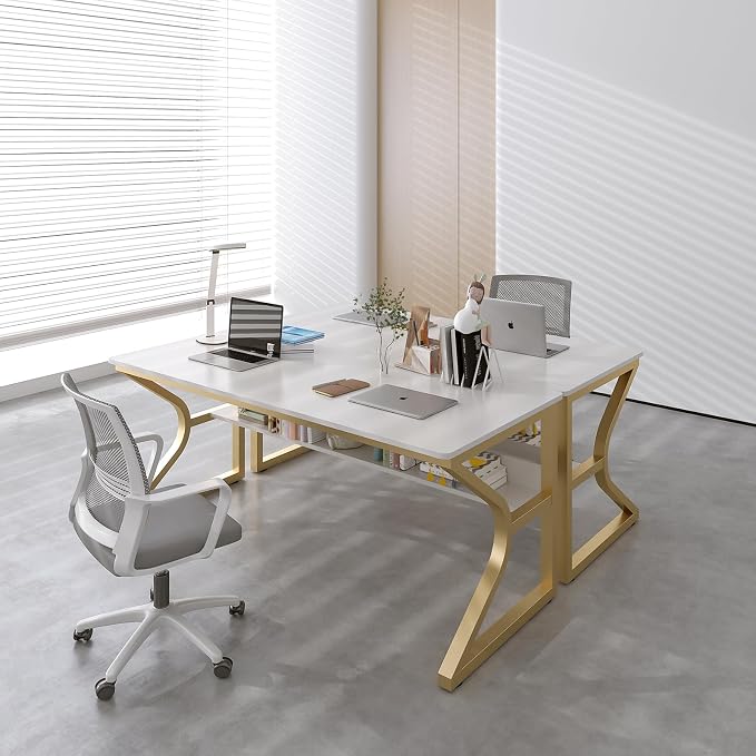 OSCHF Double Long Desk with Bookshelf - 55" Extra Long Writing Table for 2-Person Workstation, Modern Study Work Computer Desk for Home and Office, Gold