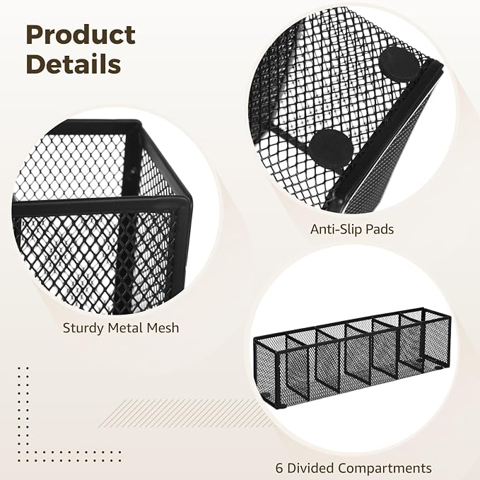 2 Pcs Metal Mesh Pen Holder, 6 Compartments Pencil Caddy, Large Capacity Desk Organizer with Anti-Slip Pads, Desktop Stationery Storage Box for Home, Office