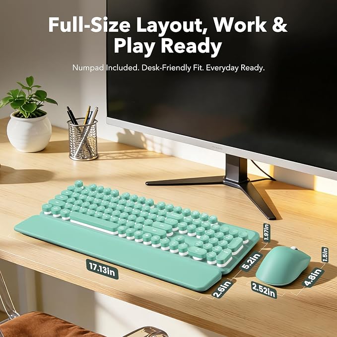 Wireless Keyboard and Mouse Combo, Backlit Round Keycaps, Retro Typewriter Keyboard with Detachable Wrist Rest, Rechargeable & Tilt Legs, 2.4GHz Cordless Connection for Windows/PC (Glowing Turquoise)