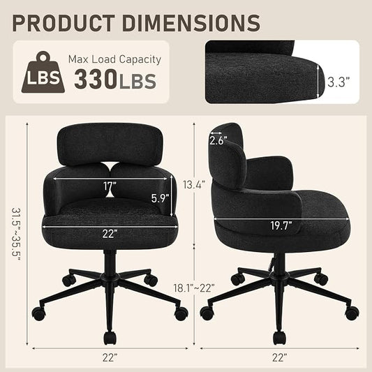 Modern Upholstered Office Chair with Wheels, Adjustable Height Swivel Desk Chair with Arms, Comfy Fabric Task Chair for Home Office, Bedroom, Study Room, Rolling Base,Black
