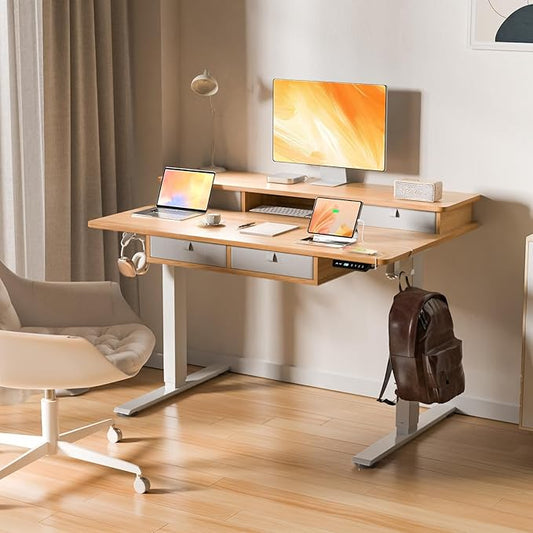 48 * 30 Inches Electric Standing Desk Adjustable Height with 4 Drawers, Double Storage Shelves Stand Up Desk, Home Office Workstation Sit Stand Desk (Nature)