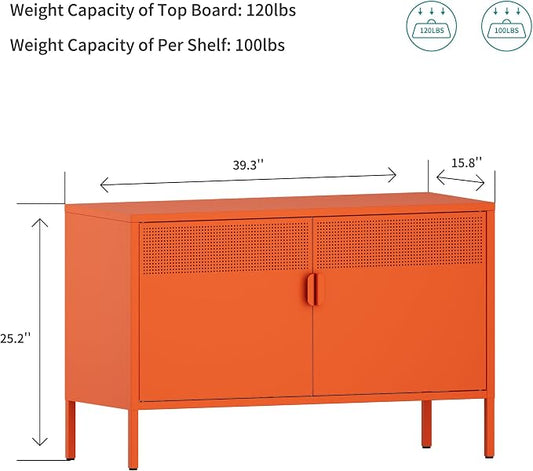 Chshin Metal Storage Cabinet with Doors,Orange Accent Cabinet,Metal Locker Storage Cabinets,2 Door TV Media Stand with Removable Shelves for,Home,Office,Entryway,Living Room