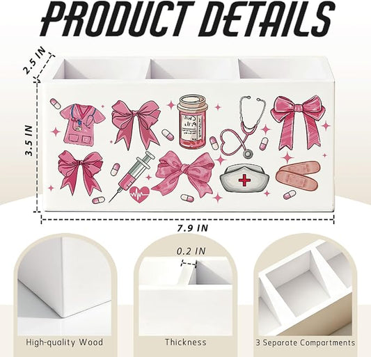 Pink Preppy Bow Nurse Pen Pencil Holder for Desk, Nurse Appreciation Gifts, Nursing Week Gifts for Women, Nursing Wooden Box Sign Decorations for Home Office Workplace Desk Tabletop