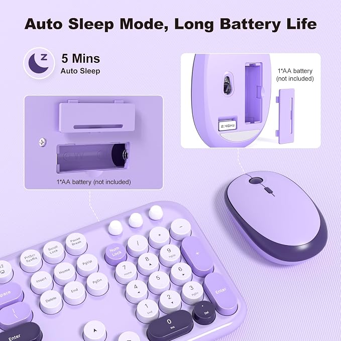 MOFII Wireless Keyboard and Mouse Combo, 2.4GHz Retro Typewriter Keyboard Full Size and Silent Mouse, 2-in-1 USB Receiver Plug and Play, for Laptop, PC, Desktop, Windows (Violet)