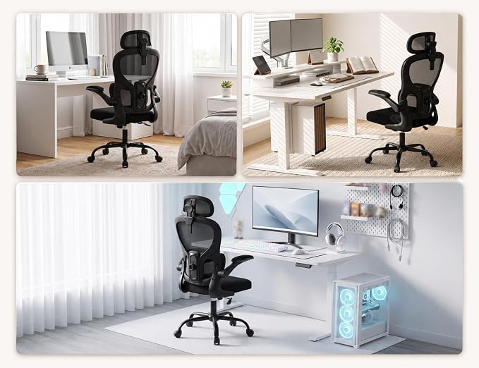 Ergonomic Office Chair with Adjustable Headrest & Lumbar Support, High Back Mesh Desk Chair, 330 LBS Capacity Swivel Computer Chair with Flip-Up Arms, Home Office Gaming Chair(Black)