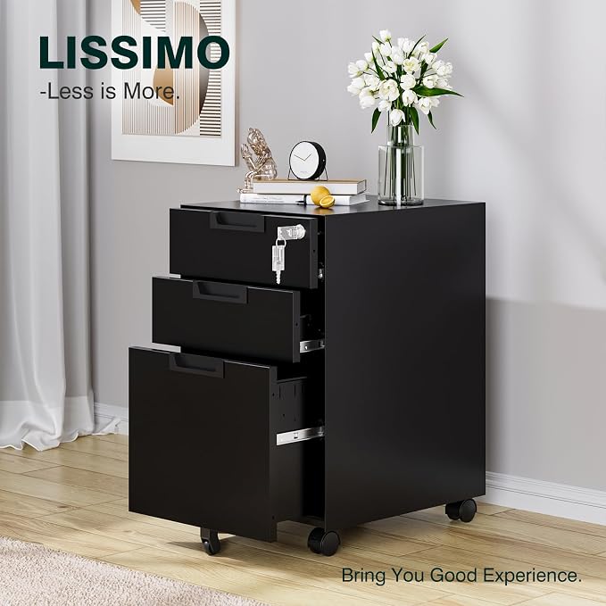 3-Drawer File Cabinet with Lock, Under Desk Rolling Filing Cabinet for Legal/Letter/A4 File Folder, Printer Stand, Metal Storage Cabinet on Wheels for Home Office(Fully Assembled,Black)