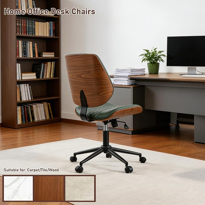 DYHOME Modern Walnut Home Office Chair with Wheels, Executive Office Desk Chair No Arms, Adjustable Height Small Desk Chair, Comfy PU, Deeper Cushion, Mid Back 360 Swivel Computer Chair, Green