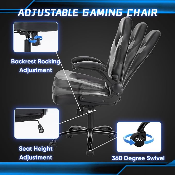 NEWBULIG Gaming Office Chair, Ergonomic High-Back with Flip-Up Armrests, Adjustable Height, Lumbar Support, PU Leather Comfort Seat & 360° Silent Swivel Wheels, for Home/Office, Grey