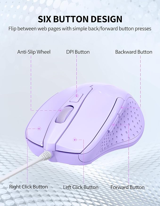 TECKNET Wired Mouse, 6-Button Corded with 4 Adjustable DPI, Optical Ergonomic Design, 5FT Cord for Laptop, Chromebook, PC, Desktop, Mac, Notebook - LT.Purple