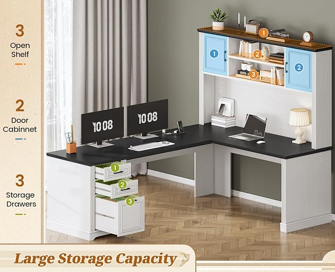 SEDETA Farmhouse L Shaped Desk with Hutch and 3 Drawers, 68.9" Executive Office Desk with File Drawer and Power Outlet, Corner Computer Desk with Storage Shelves for Home Office, White