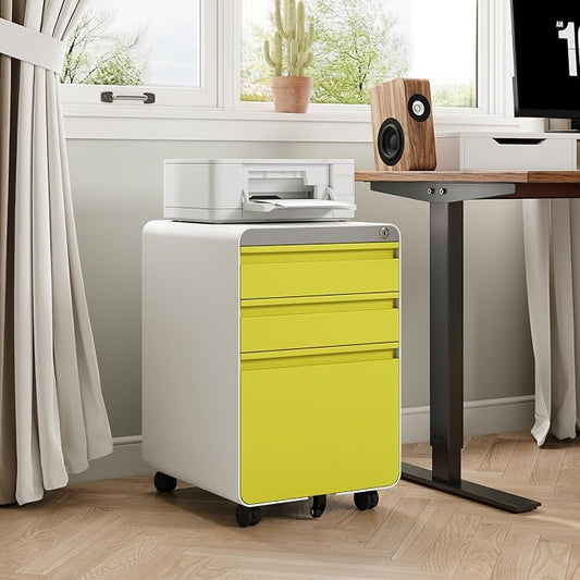 Dripex 3 Drawer Yellow File Cabinet, Mobile Under Desk Storage File Cabinet with Lock on Wheels, Letter/Legal Size, Fully Assembled, Small Short Vertical Metal Rolling Filing Cabinets for Home Office