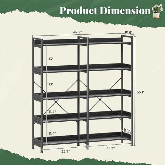 Huuger 5 Tier Bookshelf, Display Bookshelf with 10 Open Shelves and Raised Baffle, 47.2 Inch Straight Wide Bookcase with Metal Frame and Wooden Board, Adjustable Feet, Black
