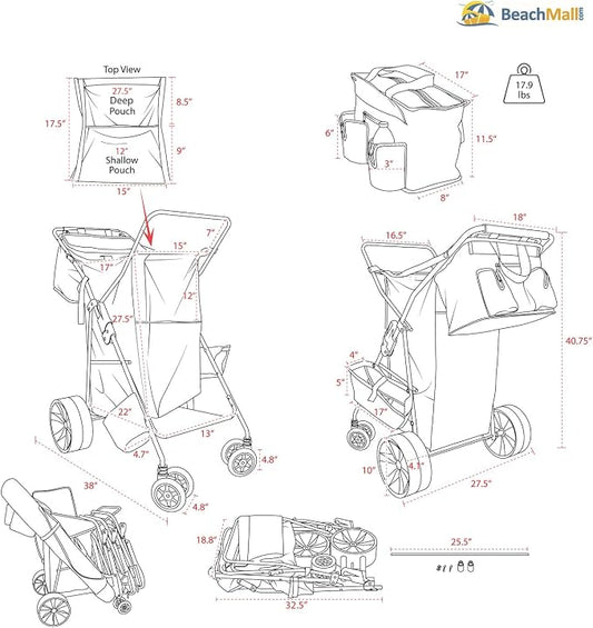 Ultimate Buggy Beach Cart with Big Wheels for Sand, Wide Wheel Wagon with Insulated Cooler Bag, Body Board and Umbrella Holder, 100 lbs Capacity