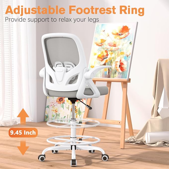 ORRSAKER Drafting Chair, Tall Office Chair with Flip-up Arms, Mesh Ergonomic Computer Standing Desk Chair with Adjustable Height Foot Ring and Lumbar Support, 300 LBS Capacity, Gray