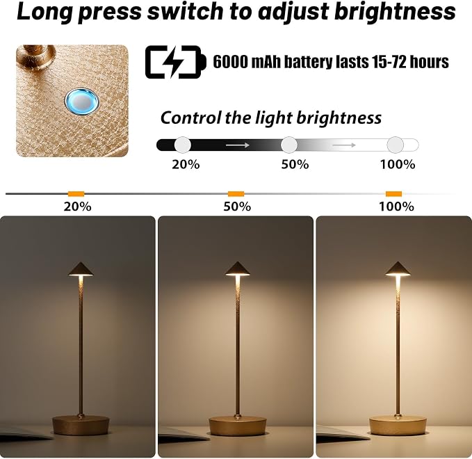 2Pack Rechargeable Cordless Table Lamp, Portable Powered LED Battery 6000mAh Metal USB Desk Lamp, 3 Levels Brightness Light for Restaurants Outdoor (2pack LCE Flower Gold)