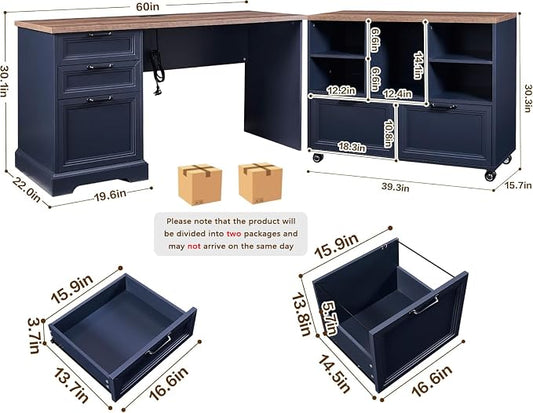 60" Farmhouse Executive Desk and 40" Mobile File Cabinet Combination,L Shaped Executive Desk with Charging Station,Home Office Desk for Office Work,Home Study (Blue)