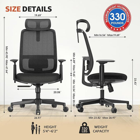 ErgoSift Ergonomic Mesh Office Chair Computer Desk Chair, Headrest, Black | 3D Armrests, Lumbar Support, Seat Slide, 330 lbs Capacity, Home Office and Gaming