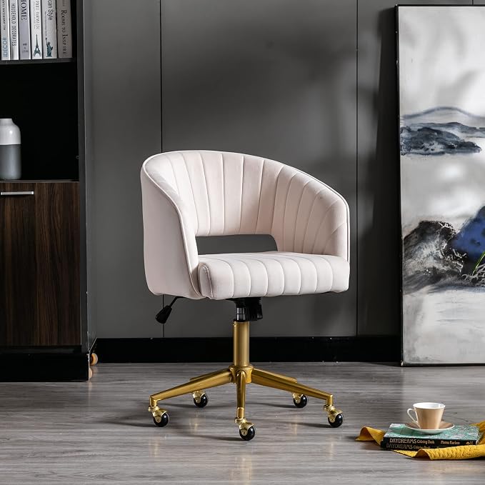 Home Office Chair Swivel Velvet Desk Chair Accent Armchair Upholstered Modern Tufted Chairs with Gold Base for Girls Women Ergonomic Study Seat Computer Task Stools for Living Room(Cream)