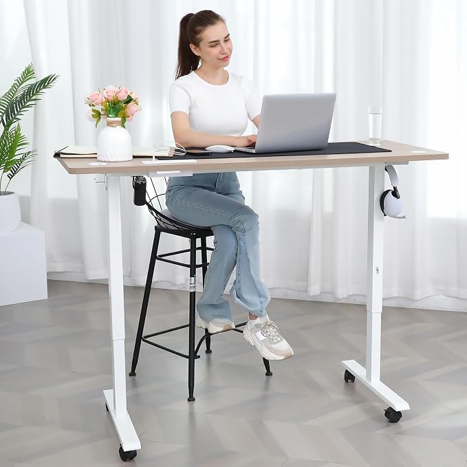 Electric Adjustable Standing Desk with Wheels, 63'' x 24''Sit Stand Desk with Dual Crossbeam Structure and Mouse Pad, 27''-46'' Lifting Range Stand up Desk(Oak)