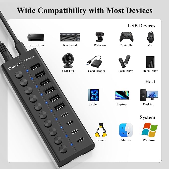 Powered USB Hub, 10-Port USB C Hub with 6 USB-A 3.2, 4 USB-C 3.2 Ports, Individual Switches and 12V/5A Power Adapter, Aluminum USB Extension for MacBook, Laptop/PC and More(Black)