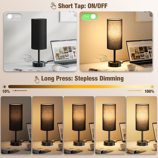 Touch Bedside Table Lamp with Memory - Stepless Dimmable Lamp for Bedroom, Small Nightstand Lamp with Dual USB Charging Ports and AC Outlet, Wood Night Light, Desk Lamp for Nursery, (Black & Black)