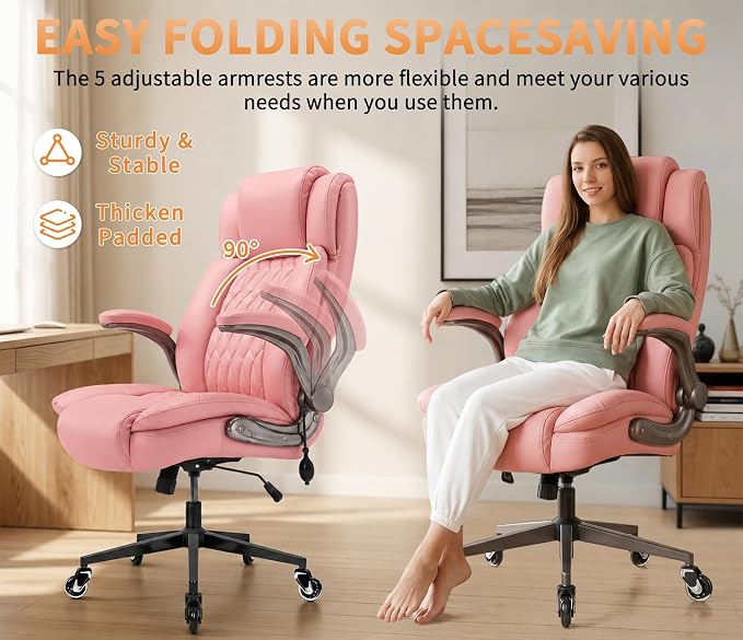 Large High Back Office Chair - Adjustable Lumbar Support Flip Up Arms Heavy Duty Quiet Wheels Metal Base Breathable Bonded Leather Ergonomic Executive Computer Desk Chair with Storage Bags, Pink