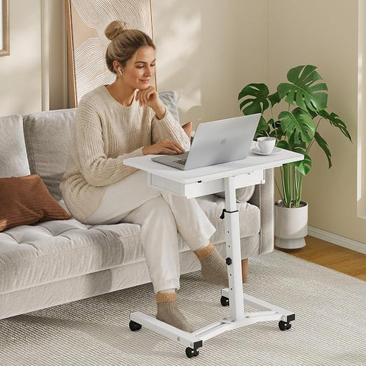 Rolling Adjustable Height Computer Desk With Drawers, Small Mobile Laptop Desk Cart On Wheels For Small Spaces Home Office, Portable Sitting Laptop Table For Bed Couch Load Up To 60LBS, Sturdy, White