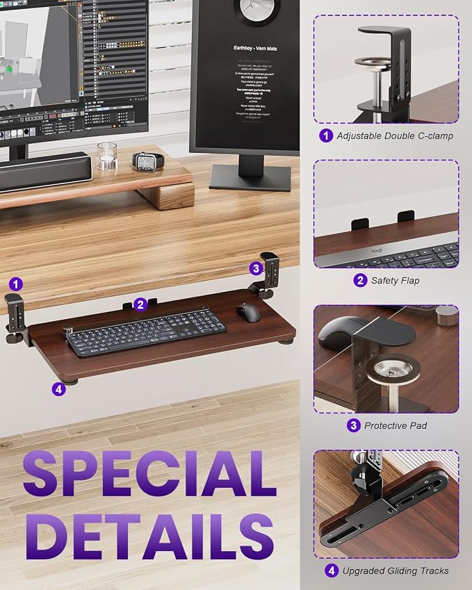 Ergonomic Mouse & Keyboard Tray Under Desk, Pull Out with Adjustable C-clamp, 20 (25.9 Including Clamps) x 11.8 Inch Slide Out Computer Keyboard Drawer Mouse Tray for Typing, Walnut