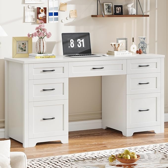 Vabches Farmhouse 61'' Executive Desk with 7 Drawers, Rustic Office Desk Computer Table with File Drawers, Wood Workstation for Study and Home Office, Cream White
