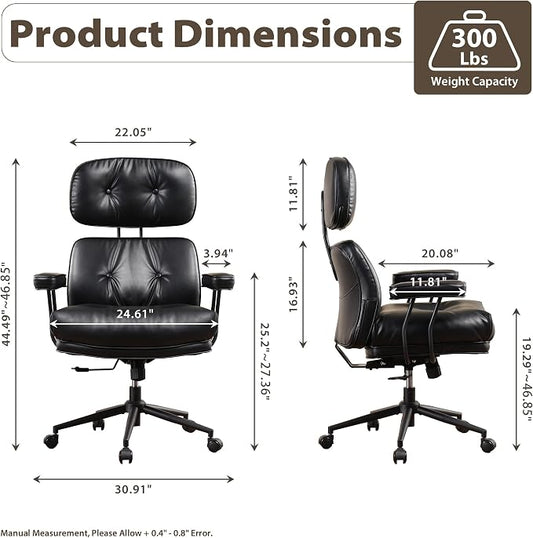 HOOOWOOO Ergonomic Office Chair,Mid Century Modern Computer Desk Chair,Comfy Executive Chair with Extra Wide Tufted Cloudy Seat Lumbar Support High Reclining Back,PU Faux Leather Black