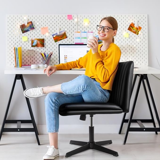 LEMBERI PU Leather Armless Office Desk Chair No Wheels,Criss Cross Legged Wide Padded Swivel Vanity Chair,120°Rocking Mid Back Ergonomic Computer Task Chair for Home, Make Up,Small Space,Black