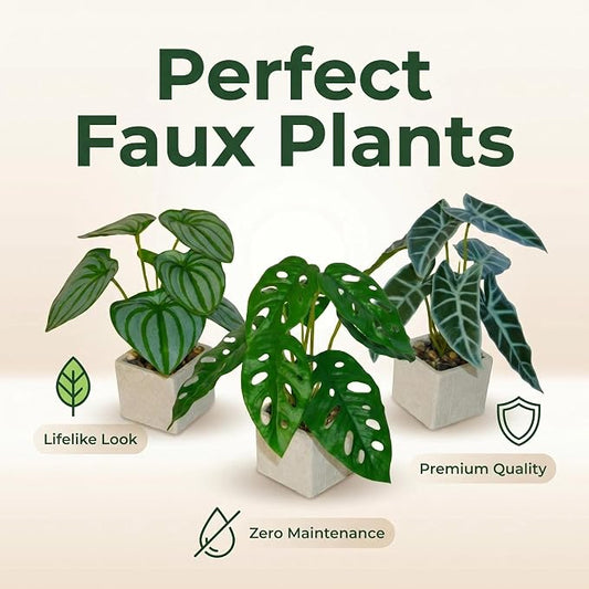 3pcs Small Fake Plants Artificial Begonia Leaves Faux Plants Indoor for Office Desk Shelf Bathroom Home Decor (3Pcs -7 Leaves)