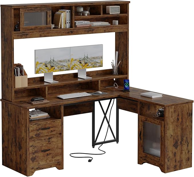 Bestier Farmhouse 63" L Shaped Desk with Hutch, Wood Computer Desk with Drawers, Charging Station, LED Light, Fluted Sliding Door Cabinet, Monitor Stand, Executive Desk for Home Office, Rustic Brown
