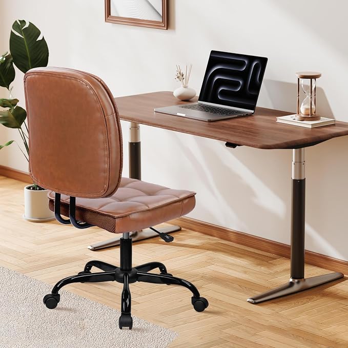 CLATINA Home Office Chair No Arms with Wheels, Armless Small Leather Ergonomic Low Back Desk Chairs Adjustable Height 360° Swivel Rolling Computer Task Chair for Work Conference Room, Brown, 4 Pack