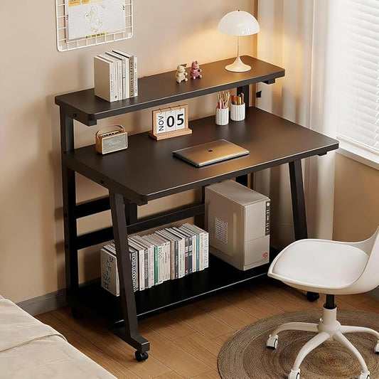 47.2 Inch Rolling Computer Desk for Small Spaces, Monitor Stand & 3-Tier Storage with Lockable Wheels, Easy Assembly for Bedroom, Dorm & Apartment