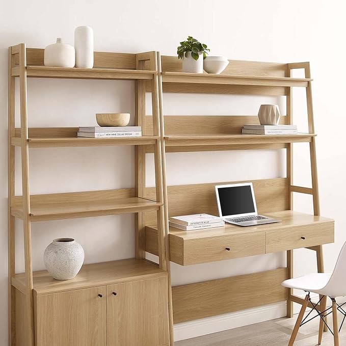 Modway 2-Piece Home Office Desk and Bookshelf Display Case in Oak