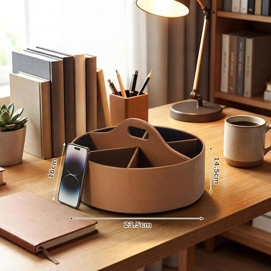 360° Rotating Leather Desk Storage Organizer with 6 Slots and Handle Extra-large Pen Holder Spinning Pencil Storage Lazy Susan Organizer Office Desk Supplies Marker, Art Supply(Brown)